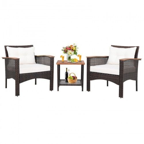 3 Pieces Patio Rattan Furniture Set with Acacia Wood Tabletop 3 Pieces Patio Rattan Furniture Set with Acacia Wood Tabletop